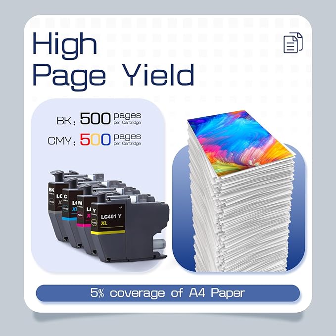 LC401XL LC401 4-Packs High Yield Ink Cartridges Compatible for Brother 401XL LC-401 Ink Cartridges Work with MFC-J1010DW MFC-J1170DW MFC-J1012DW MFC-J1800DW (Black Cyan Magenta Yellow)