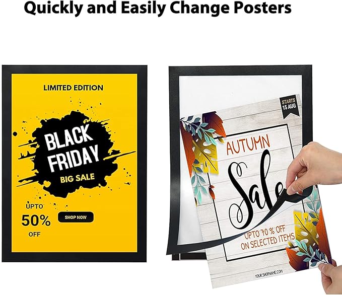 8.5x11 Magnetic Sign Holder Wall Mount,Self-Adhesive Plastic Display Frames,Clear PVC Sign Holder with Magnet Strip Border for Window/Door/Fridge/Document Notice Paper(12Pcs,Black)