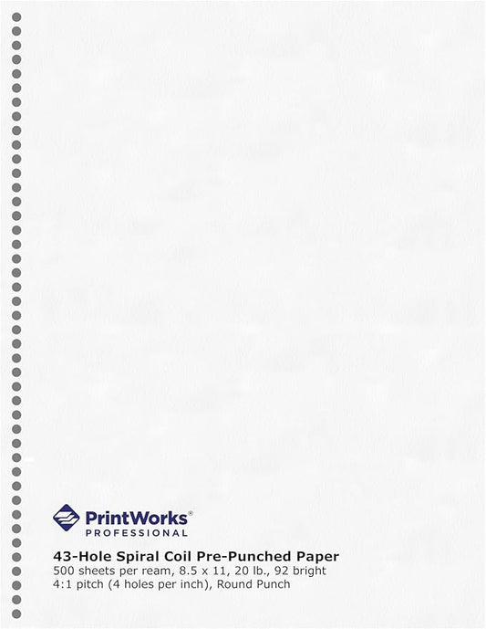 PrintWorks Professional Pre-Punched Spiral Binding Paper - 43-Hole (4:1 Pitch Hole Punch) - Book Binding Printer Paper - Made in the USA - 500 Sheets - 8.5" x 11" - 20 lb - 92 Bright White (04144)