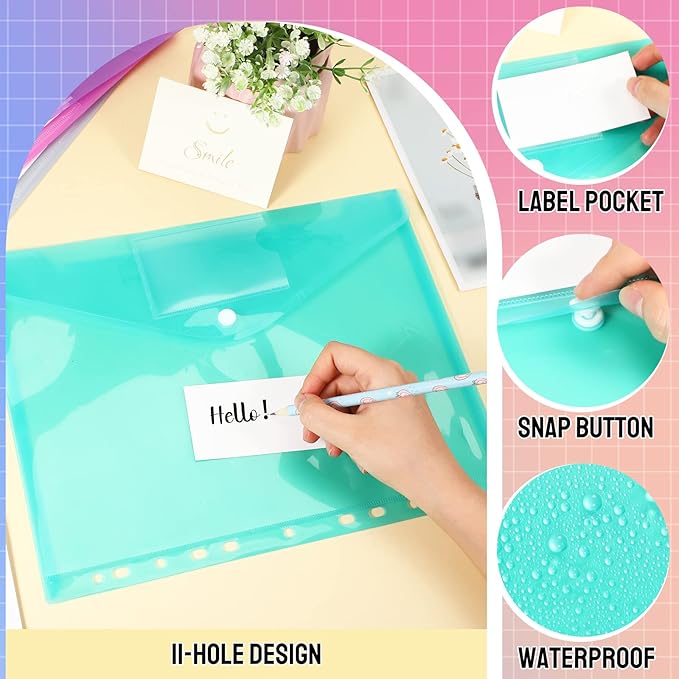 Fuutreo 50 Pcs Binder Pockets for 3 Ring Plastic Envelopes Pocket Folders 11 Hole Snap Button Binder Pouch with Label Expandable Organizer for 2/3/4 Ring