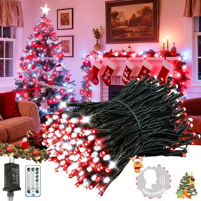 2025 New Voice Control 88ft 240LED Smart Christmas String Lights Outdoor/Indoor | String Lights with Remote, 12Modes, 7Voice Commands & Timers, Christmas Twinkle Light for Xmas Tree Decor(Red & White)