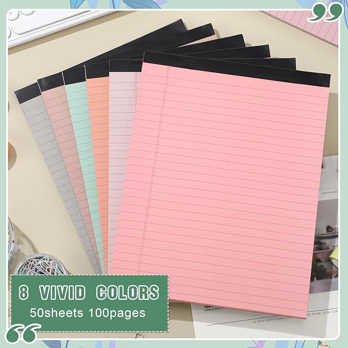 Fuutreo 8 Pcs 8.5'' x 11'' Colored Legal Pad Writing Pads Wide Ruled 50 Sheets Per Notepad Perforated Writing Notepad Office Supplies for School College Office Business (Bohemian Color)