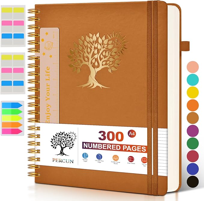 Large Spiral Notebook Journal for Women Men - 300 Numbered Lined Pages, College Ruled, A4 Hardcover Spiral Bound Notebook for School, Work, Note Taking, Writing, Leather Spiral Journal 8.5"x11"