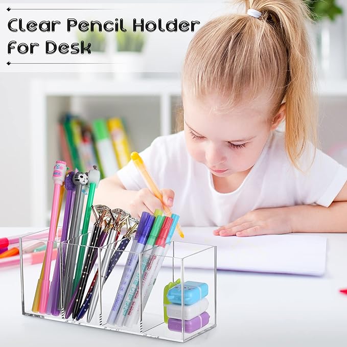 Pajean 4 Pack Acrylic Pen Pencil Holder - 4 Compartments Clear Pencil Pen Holder Organizer - Makeup Brush Holder Acrylic Pencil Organizer Cup for Office Home Supplies Desk Accessories