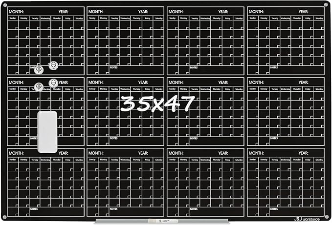 Magnetic Whiteboard Calendar Black Glass Board Yearly Calendar - 35" X 47" Large Wall Calendar - White Board Dry Erase Planner for Wall Home, School, Office