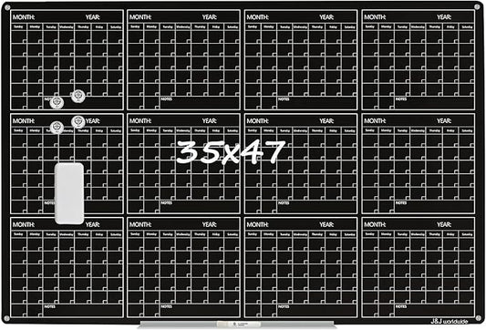 Magnetic Whiteboard Calendar Black Glass Board Yearly Calendar - 35" X 47" Large Wall Calendar - White Board Dry Erase Planner for Wall Home, School, Office