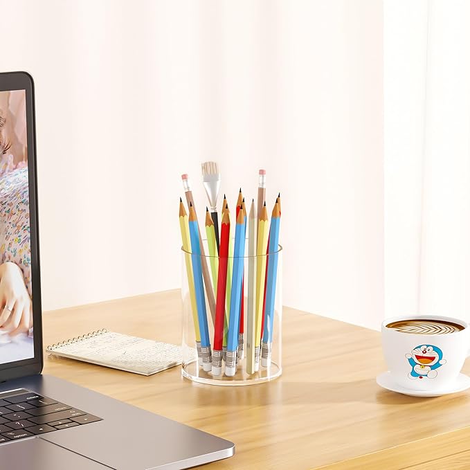 Clear Acrylic Pen Holder Round Shape, Desktop Pencil Cup Holder, Countertop Stationery Organizer for Office Desk Accessory