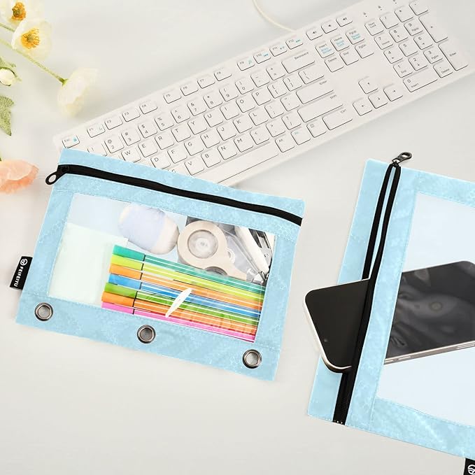 Gredecor Binder Pencil Pouch 3 Ring Light Blue Zipper Pencil Pouches Case 2 Pack Clear Binder Organizer for School Office