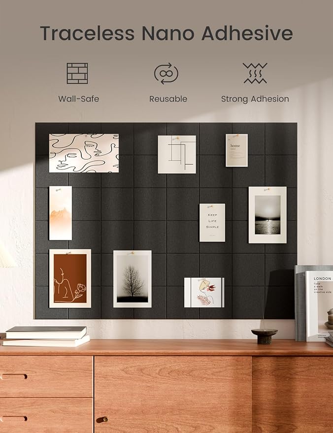 Bumusty Large Cork Board Alternative-47 x35 Felt Bulletin Board Tiles, with 30 Pushpins, 70 Adhesive Tabs, 12-Pack Slat Wall Paneling, Cork Boards for Office Push Pin Board Felt Board-Black