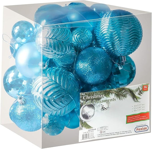 Prextex 36 Piece Christmas Ornaments Set - Acid Blue Christmas Tree Decorations - Shatterproof Ball Ornaments in Small, Medium, and Large Sizes - Durable Holiday Decor for Indoor and Outdoor Use