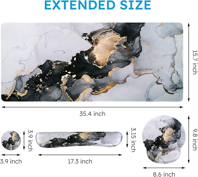 iCasso Desk Mat, Gaming Mouse Pad Wrist Support Set,4in1 XXL Large Mousepad + Keyboard Wrist Rest+Mouse Wrist Rest+Coaster Set with Ergonomic Design for Home Office Table Computer-Grey Ink Marble