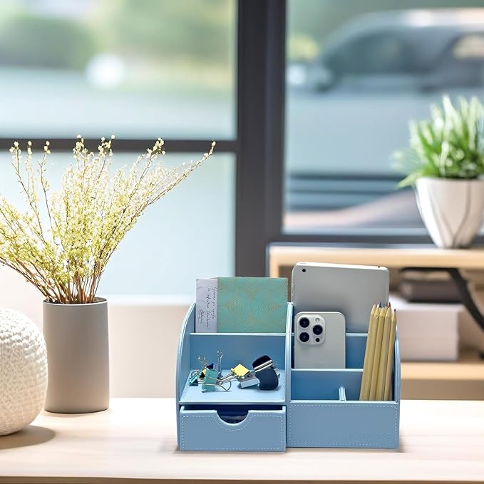 UnionBasic Desk Organizer - Multifunctional Leather Desktop Pen Holder Storage Box - Business Card/Pen/Pencil/Mobile Phone/Stationery Holder, Blue