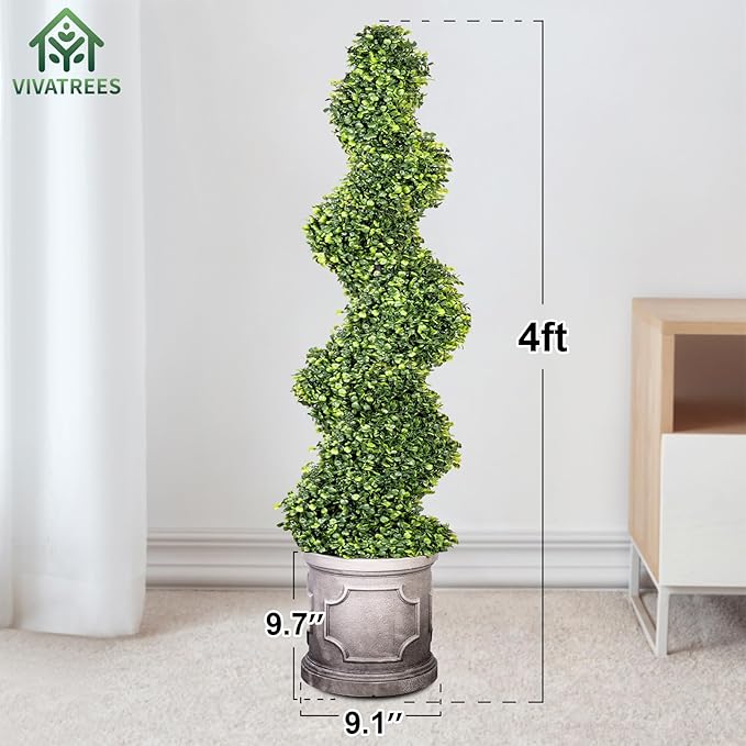 4FT Artificial Spiral Boxwood Topiary Trees with Antique-White Roman-Style Planter - Outdoor&Indoor Year-Round Garden, Porch, Entryway Decor (2 Pack)