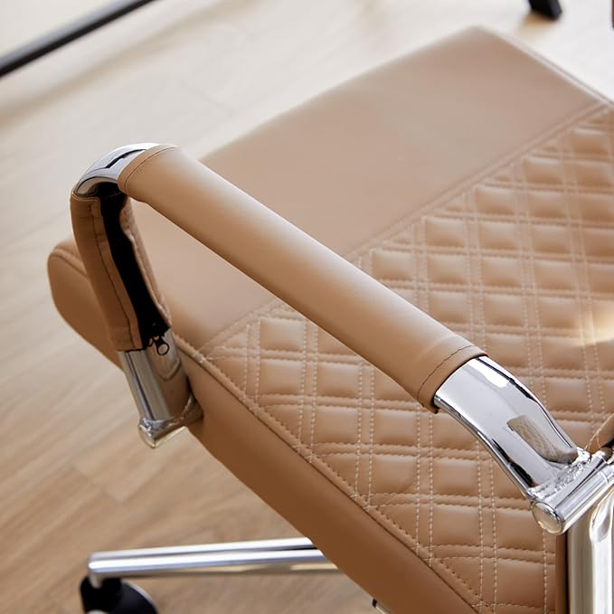 Livinia Modern Executive Office Chair with Patterned Back Design, Chrome & Leather Swivel Chair with High Back, Adjustable Height, Removable Armrests, and Wheels for Home Office (Brown(Chrome))