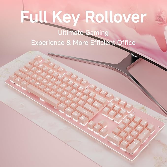 EWEADN TK100 Typewriter Keyboard Wired Mechanical Keyboard, 104 Keys Aesthetic Typewriter Keyboards with White Backlit, Anti-Ghosting, Blue Switch Wired Cute Keyboards-Pink