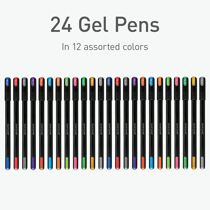 Pentonic Gel Pens, 24 Count, Assorted Colored Ink (12 Colors, 2 Of Each Color), Medium & Fine Point, Smooth Writing For Journaling (1002353)