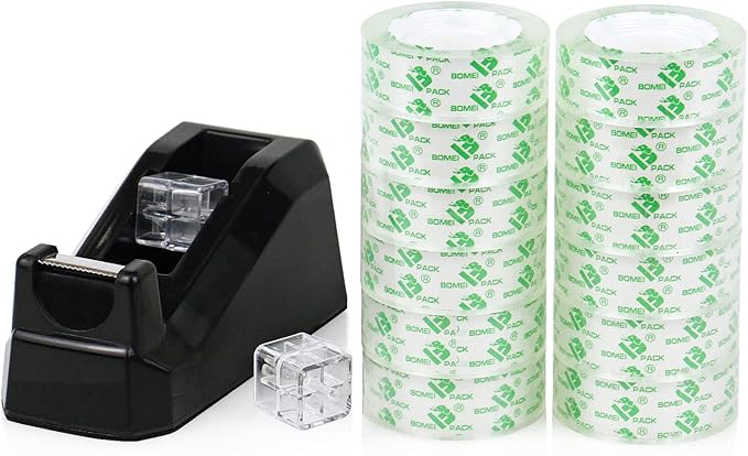 BOMEI PACK Tape Dispensers Desk, 1 Pack Black with 12Rolls Transparent Tape, 1 Inch Core, for Gift Wrapping, School, Office and Home
