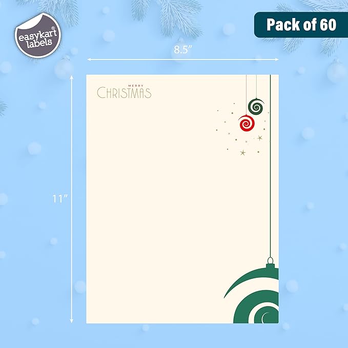 easykart labels Christmas Stationery Paper Letterhead Sheets 60 Pack Holiday Xmas Theme Design For Writing Letters Computer Office Notes & Printing Supplies Size 8.5" X 11"