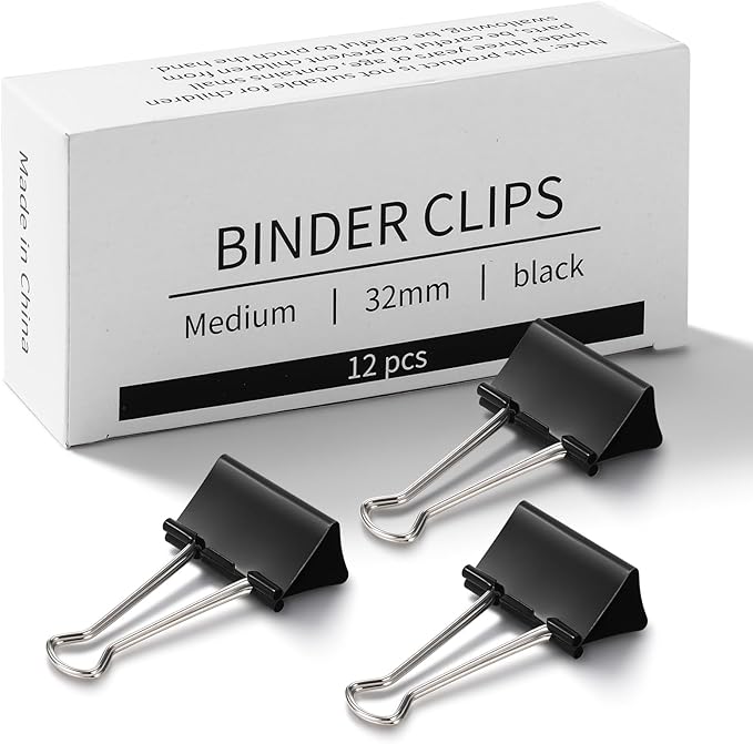 Eclirgan 1.2-Inch Medium Paper Clamp with Heavy-Duty/Rust-Resistant/Folding,96-Pack Thick Metal Binder Clip in 8 Boxes，Black Paper Clips Set for DIY/Crafts/File/Paperwork