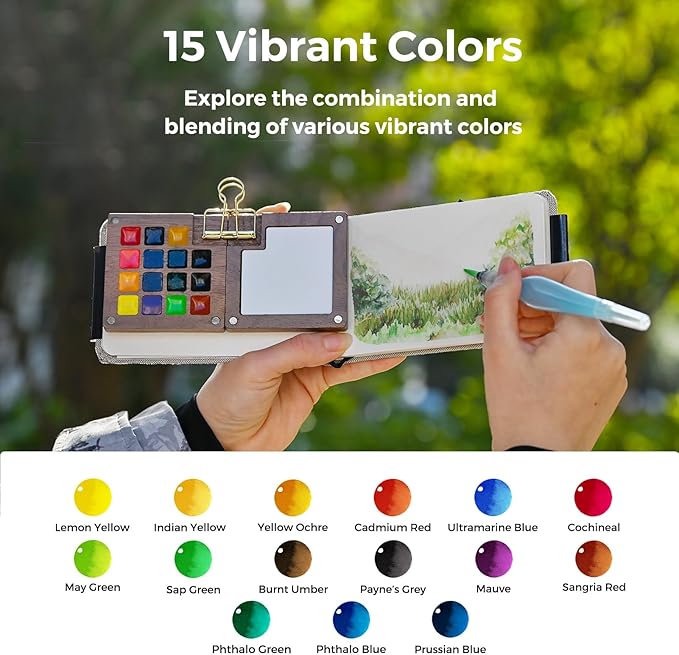 Funto Mini Watercolor Paint Set, All-In-One Walnut Wood 15-Color Premium Pocket Travel Paint Kit, with Crossbody Bag,Watercolor Journal, Metal Clip, Paint Water Cup, Water Brush Ideal for Art Lovers