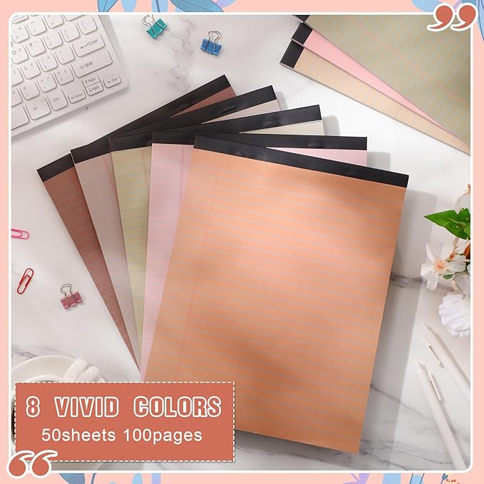 Fuutreo 8 Pcs 8.5'' x 11'' Colored Legal Pad Writing Pads Wide Ruled 50 Sheets Per Notepad Perforated Writing Notepad Office Supplies for School College Office Business (Assorted Colors)