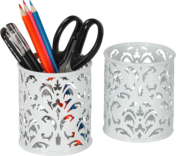 EasyPAG Metal Round Pencil Holder 2 Pack Pen Cup Holders Organizer for Desk, White