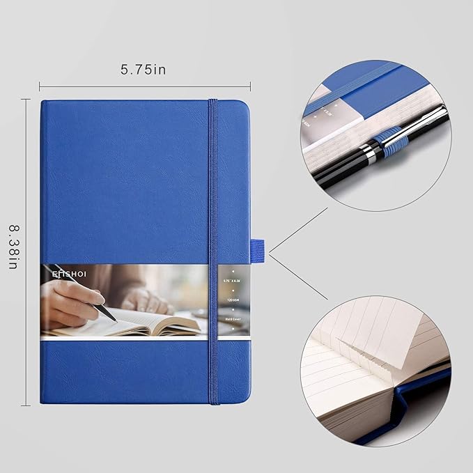 EMSHOI Lined Journal - 120gsm Thick Paper College Ruled Notebook with Sticky Notes, 256 Numbered Pages, A5 Hardcover Leather for Women & Men Work, School, Writing - (5.75”x8.38”) Blue