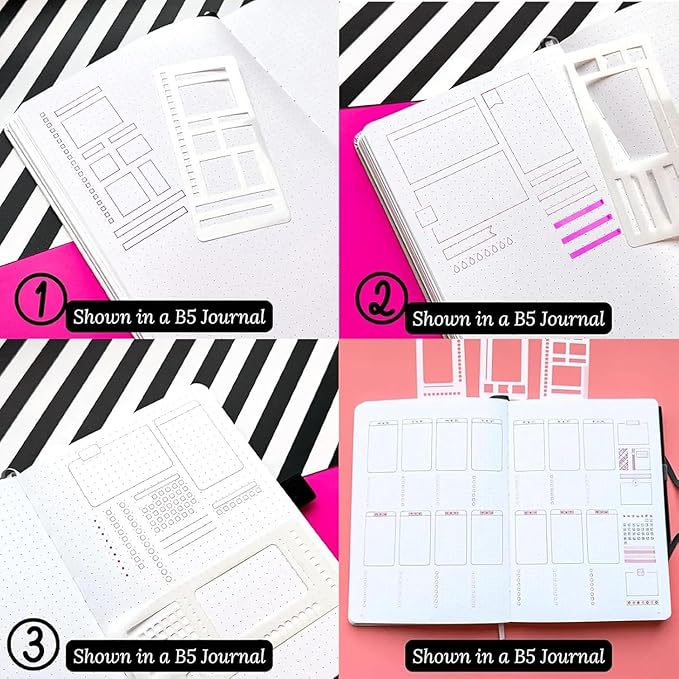 Handmade Flexible Record Template, 3-Pack Planner Stencils Set for Journaling, Habit Trackers, Task Lists & Daily Planning, Compatible with Dot Grid Journals, Coils, Discs & Rings (A)