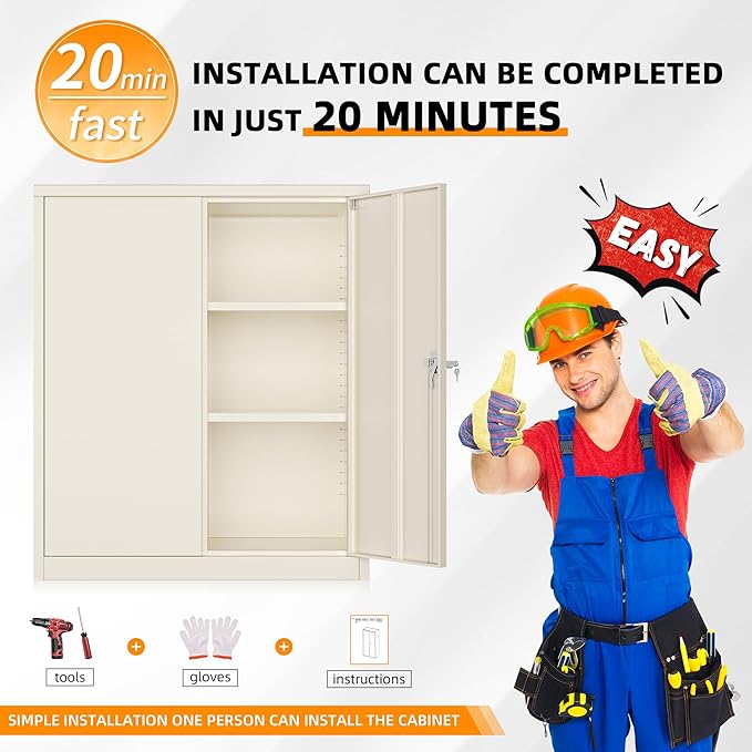 INTERGREAT Metal Cabinet with Lock, Lockable Metal Storage Cabinets with Doors and Shelves for Garage, Cream Grey Locking Garage Storage Cabinets 36"×32"×16"