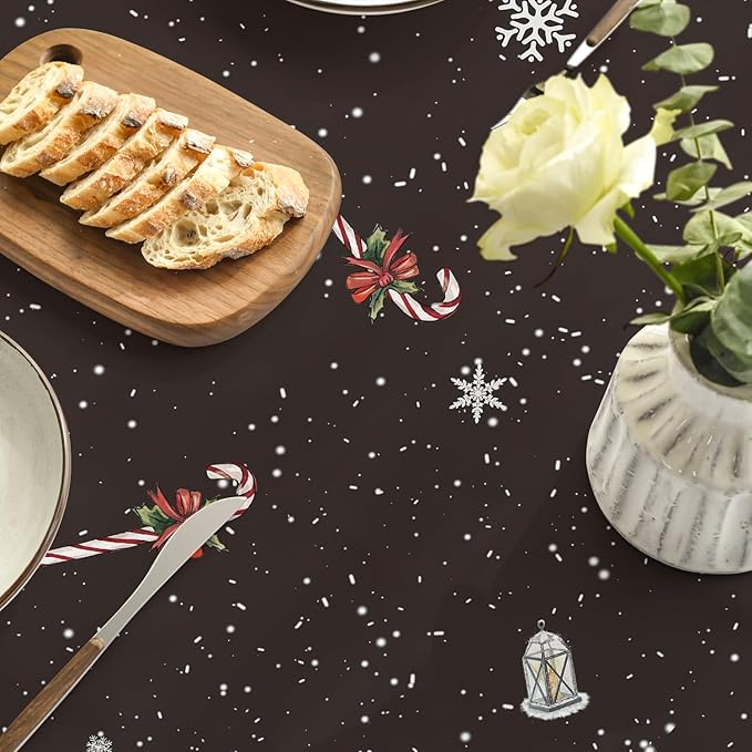 Horaldaily Christmas Tablecloth 70×70 Inch Round, Winter Snowman House Christmas Trees Black Washable Table Cover for Party Picnic Dinner Decor