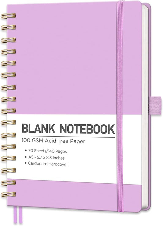 RETTACY Blank Journal Notebook, 140 Pages, A5 Medium Size (5.7'' x 8.3''), Hardcover, 100 GSM Thick Paper, for Sketching, Drawing, Painting (Lilac)