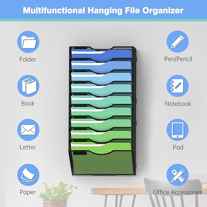 Kuntine.B Wall File Organizer Office Hanging Magazine Holder Wall File Organizer for Office Home (Black, 10 Tier)