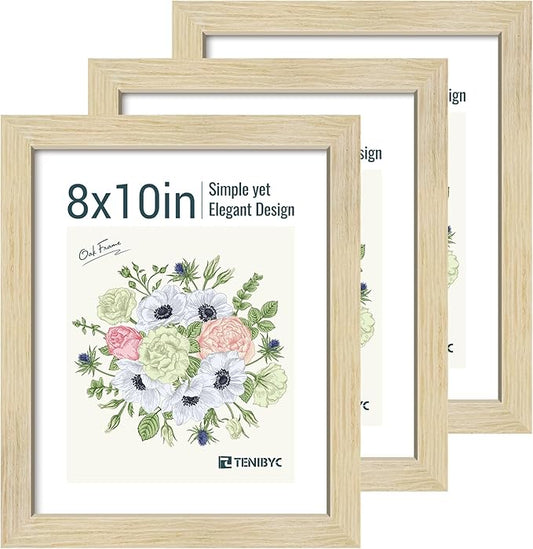 8x10 Picture Frames Set - 3 Pack - Natural Oak Wood - Tempered Glass - for Wall Photos, Family Memories, Posters & Puzzles, Home Decor