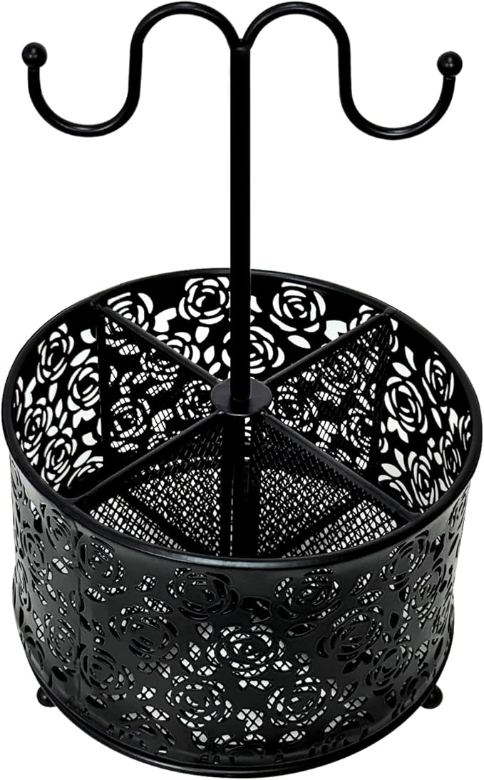 360 Degree Rotate Pen Holder for Desk Mesh Desk Pen Organizer Pencil Holder Large Capacity Accessories & Workspace Organizers for School,Home (Black rose lace pattern, With hook)