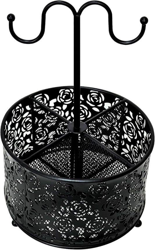 360 Degree Rotate Pen Holder for Desk Mesh Desk Pen Organizer Pencil Holder Large Capacity Accessories & Workspace Organizers for School,Home (Black rose lace pattern, With hook)