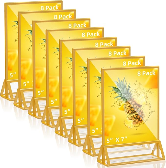 Acrylic Sign Holder 5x7 Gold Picture Frame Clear Acrylic Frames Display Stand Double Sided Table Menu Holders for Wedding Table Numbers Restaurant Photos (8 pcs)
