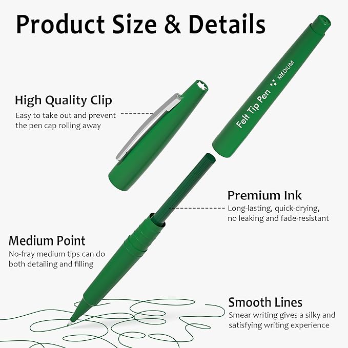 Lelix Felt Tip Pens, 60 Green Pack, 0.7mm Medium Point, Felt Tip Markers Pens for Journaling, Writing, Note Taking, Planner, Perfect for School Office and Art Supplies