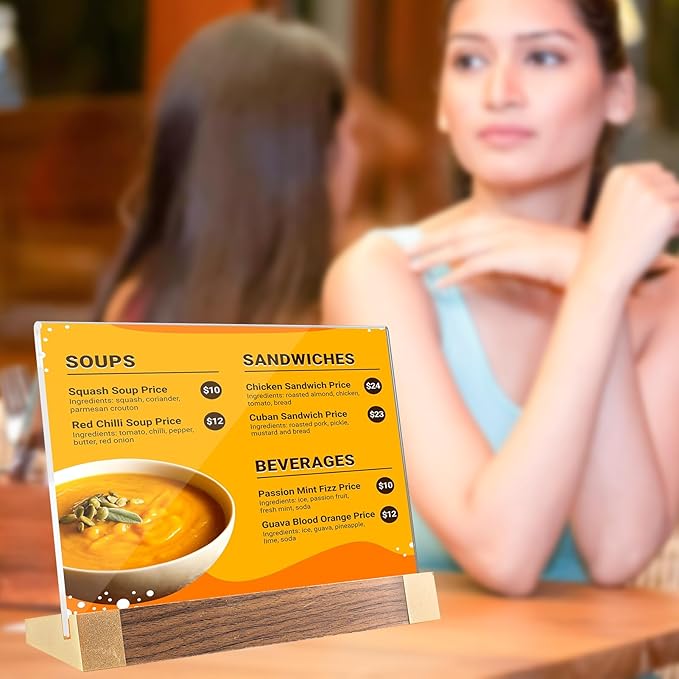 Acrylic Sign Holder 8.5x11 Inch with Wood-Color Base, Tabletop Display Sign Frame Horizontal Clear for Store/Coffee Shop/Restaurant Menu Display Hotel/Office Show Exhibitions Holder, 2 Pack L Shape