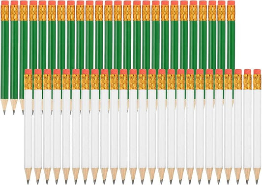 MECCANIXITY Golf Pencils with Erasers, 4" HB Mini Half Pencils Pre Sharpened Small Pens for Wedding Bridal Shower Game Office Writing Drawing(Green/White, Pack of 50)