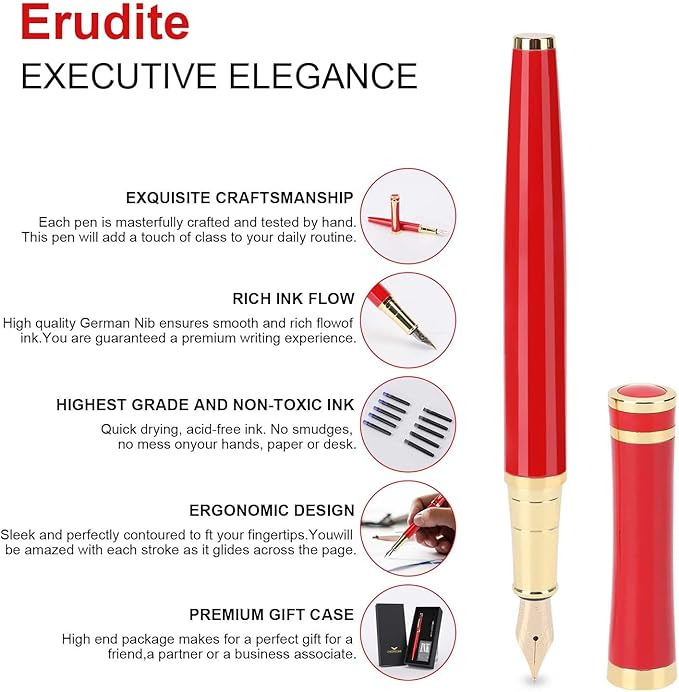 Cheericome Fountain Pen - Luxury Fountain pen set for Men & Women - Ink Pen for Smooth Writing - Fountain Pen Fine Nib，Includes 10 Ink Cartridges and Ink Refill Converter - Red