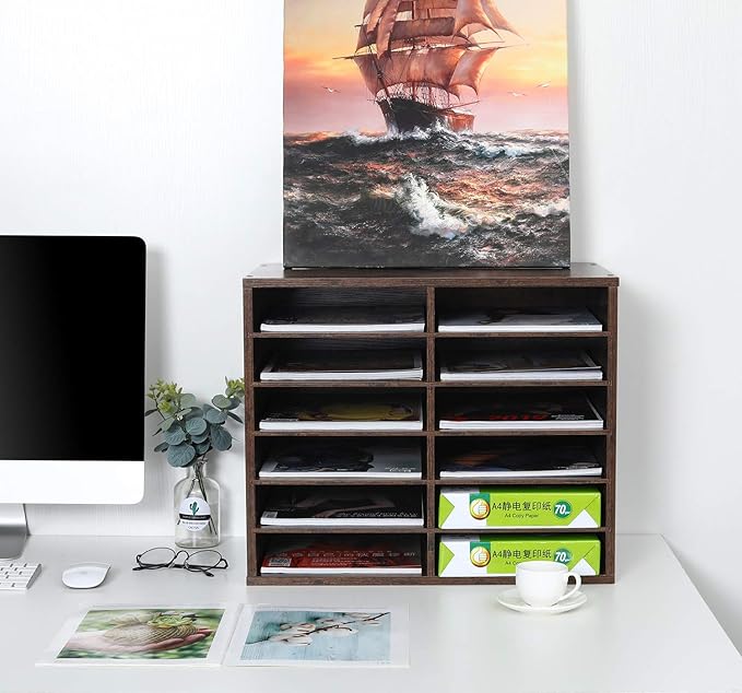 EasyPAG Mail Organizer Countertop, Wood Literature Organizer, Student Classroom Mailbox for School, Desktop Paper Sorter for Office Home, 12 Compartments, Archaize