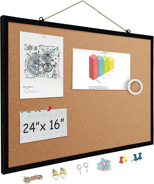 16” x 24” Cork Boards for Walls with Black Wooden Frame 1pack, Double Sided Office Board for Wall Organizer, Bulletins Board Decorative Hanging Pin Board for School, Home & Office, Notice Board