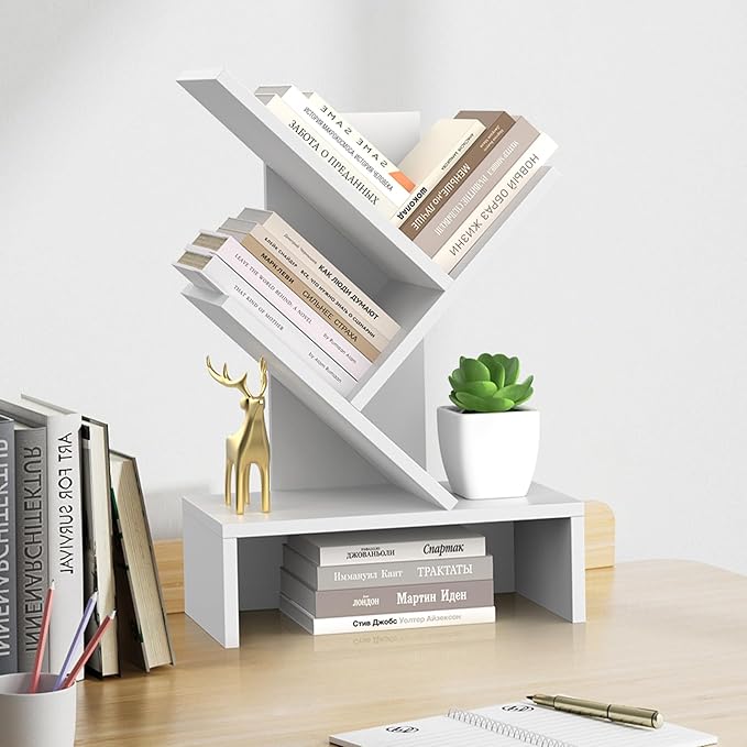 Godferyxin Tree Bookshelf with Drawer,Small Bookcase,Mini Book Shelf for Displaying Organizer CDs, Magazines and More at School,Office,Desk Book Shelf with for Decor,Bedrooms,Living Rooms