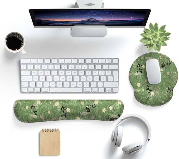 Cute Flower Mouse Pad Wrist Support Ergonomic Green Hide Out Cat, Keyboard Mouse Wrist Rest Non-Slip Gel Anime Kawaii 3D Mouse Pads Wrist Pad,Easy Typing,Pain Relief, Comfortable Computer Mouse Pad.