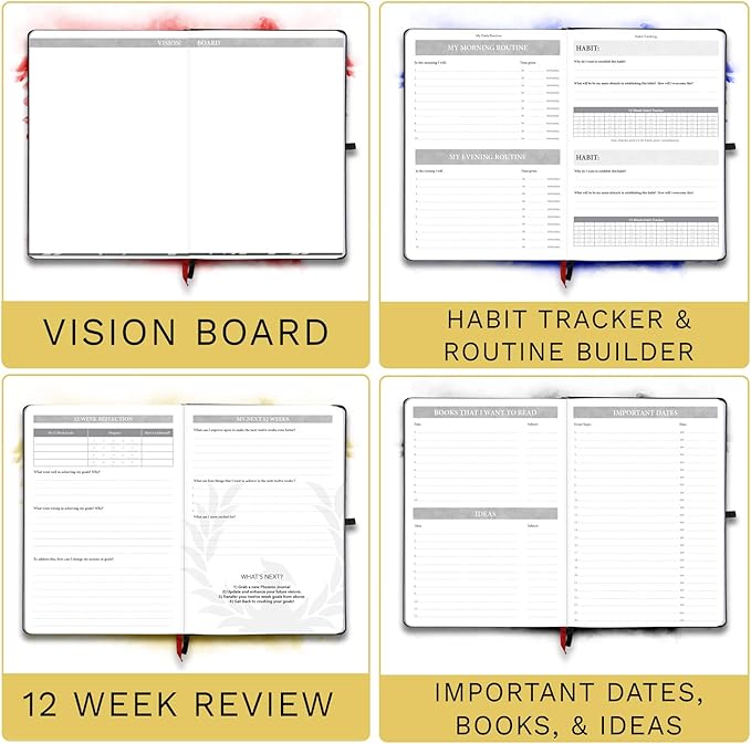 The Phoenix Journal - Best Daily Goal Planner, Organizer, & Calendar for Goal Setting, Gratitude, Happiness, & Productivity - Vision Board & Habit Tracking - 12 Weeks, Undated, Hardcover - Black