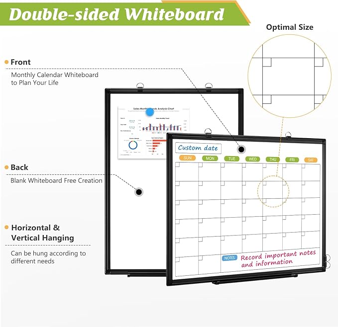 Dry Erase Calendar Whiteboard for Wall, 24" x 18" Magnetic Monthly White Board Calendar with Black Aluminum Frame, Double-Sided Hanging Dry Erase Board for Office, Home, School