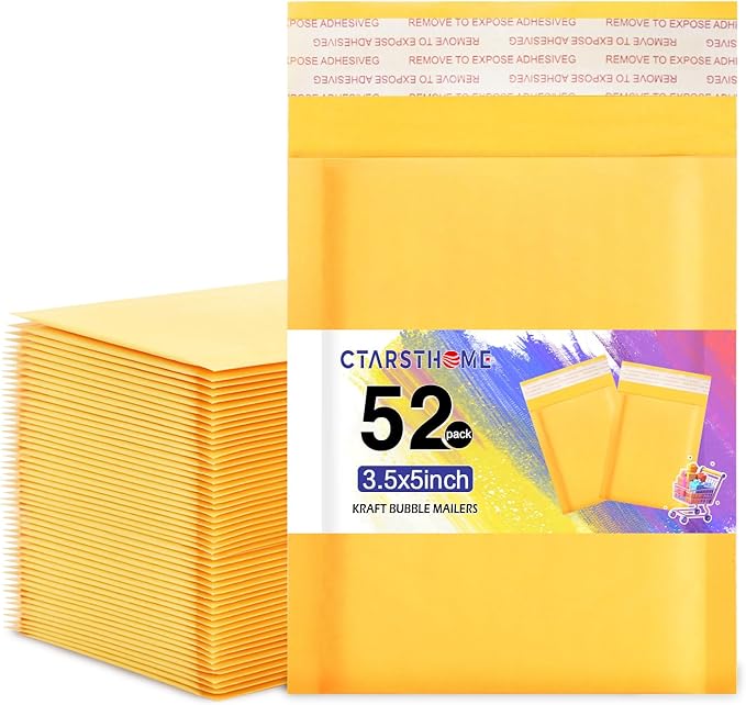 52Pack Yellow 3.5x5inch Kraft Bubble Mailers Small Business Mailing Packages Self-Sealing Paper Envelopes, Mailer Shipping Padded Envelopes with Strong Adhesion for Jewelry Makeup Supplies