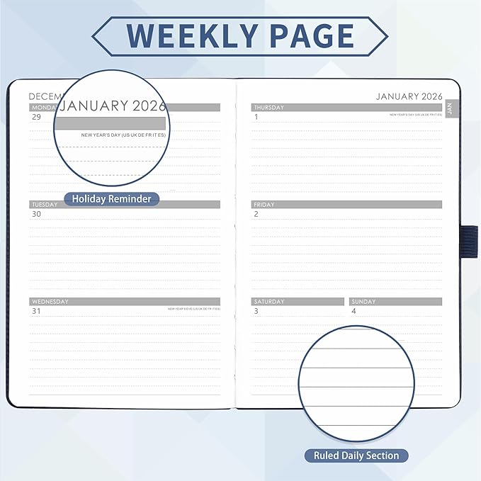2026 Planner - Planner 2026, 2026 Weekly Monthly Planner, Jan.2026 - Dec.2026, 5.7'' x 8.4'', Thick Paper, Leather Cover, Pen Holder, Back Pocket, Bookmarks, Perfect Daily Organizer - Navy Blue