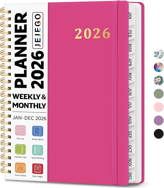 2026 Planner, Weekly and Monthly Calendar Planner Book, January 2026 - December 2026, Hardcover Spiral Planner with Monthly Tabs, Notes Pages, Perfect for Women & Men, A5 (6.4" x 8.5") - Hot Pink