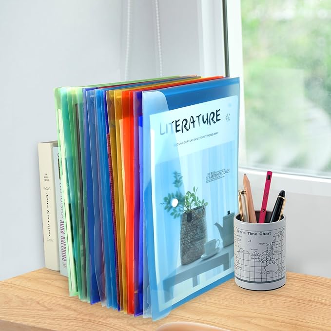 NACHLYNN 48pcs Plastic Envelopes Poly Envelopes with Snap Closure A4 Size Clear Document File Folders Organizers Assorted Color Envelope for School Office Supplies